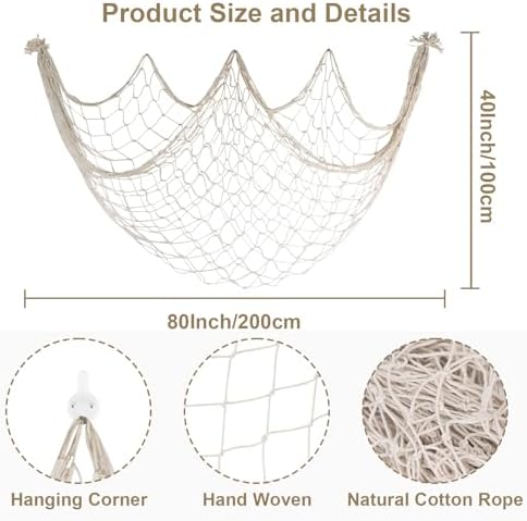 80x40 Inch Fishing Net Decor, 3mm Natural Cotton Decorative Fish Nets Party - Image 2