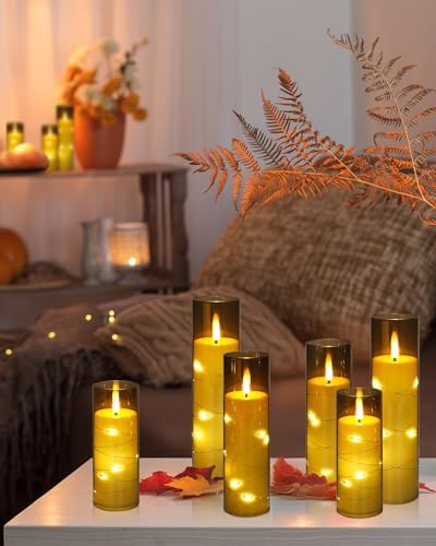 Enido Flameless LED Candles with Remote & Timer, Battery Operated Acrylic Pillar Set, 10 Pc Flickering Electric Lights with Embedded Star String for Cozy Home & Holiday Romantic Decor (Grey) - Image 5