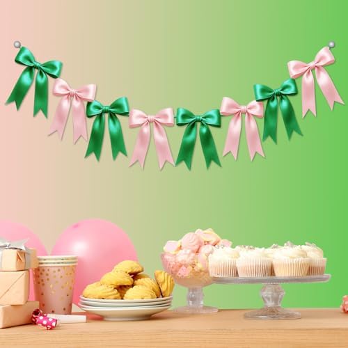 1 String of 8PCS Pink&Green Bow Garland Banner Wicked Party Decoration,Pre-Strung Satin Ribbon Ornaments for Birthday,Bachelorette Party,Wedding,Engagement,Baby Shower,Graduation Decor,Anniversary by Unknown
