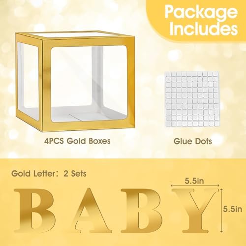 Ledido Baby Boxes with Letters for Baby Shower Decorations, 4 pcs Clear Balloon Boxes with Letters for Boys Girls Gender Reveal Decorations Birthday Wedding Backdrop Party (Gold) - Image 4