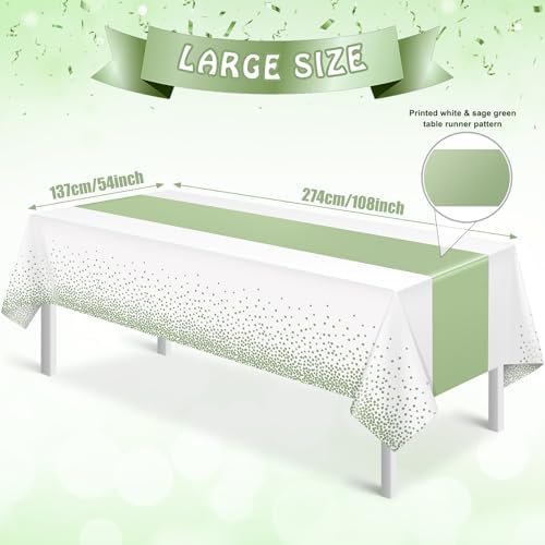 6Pcs White and Sage Green Tablecloth Decorations,Plastic White Table Cloth Printed Green Table Runner Disposable Rectangle Table Cover for Birthday Wedding Anniversary Graduation Party,54 x108 Inch - Image 2