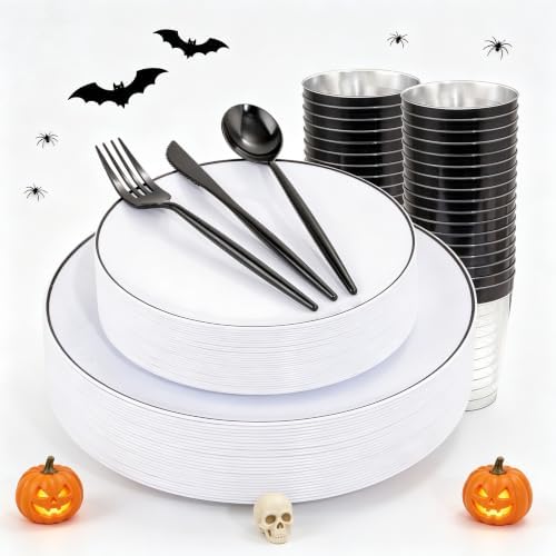 ejonirinjonir 180pcs Elegant White Plastic Plates for Wedding, Black Trim by Ejonirinjonir