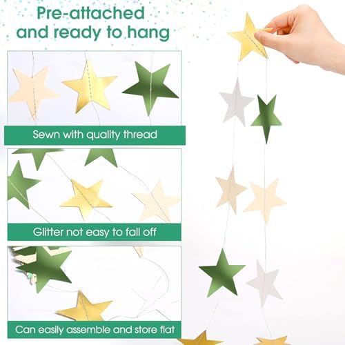 Patelai Glitter Star Garland Banner 2026 Party Decor 130 Feet Star Hanging Banner Twinkle Backdrop for Graduation Birthday Classroom Wedding Supplies(Sage Green, Gold, White) - Image 3