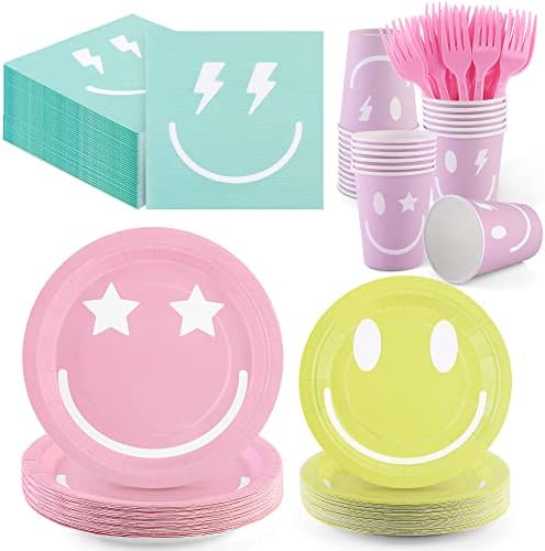 durony 144 Pieces Preppy Smile Face Party Tableware Set Party Decorations Include Smile Face Paper Plates Napkins Cups and Forks for Preppy Birthday Party Baby Shower Decor, Serve 24 Guest by durony