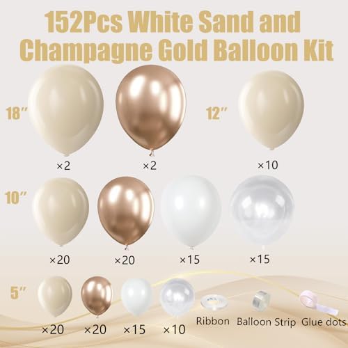 White Sand Metallic Champagne Gold Balloons Garland Arch Kit,152PCS White Neutral Balloons with Clear Balloons for Birthday Wedding Baby Shower Bridal Shower Engagement Anniversary Decoration - Image 2