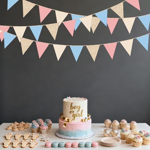 Dusty Rose Pink and Blue Beige Champagne Gold Party Decorations Pennant Banner Flag Hanging Paper Triangle Bunting for Retro Birthday Bridal Shower Wedding Engagement Party Decorations Supplies - Image 6