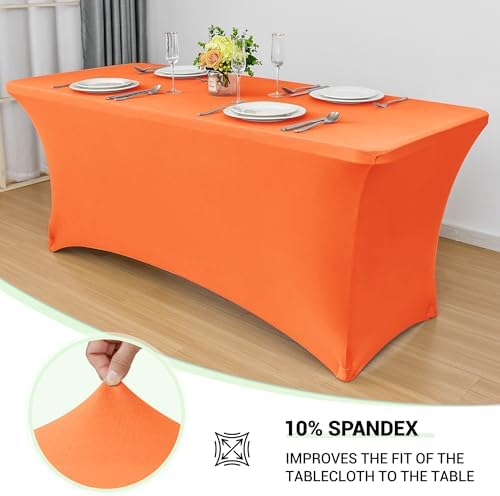Obstal 8ft Stretch Spandex Table Cover for Folding Tables, 2 Pack, Orange - Image 2