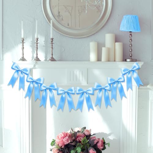 1 String of 8PCS Blue Bow Garland Banner Decoration,Pre-Strung Satin Ribbon Ornaments for Birthday,Bachelorette Party,Bridal Shower,Wedding,Engagement,Baby Shower,Graduation Decor,Anniversary - Image 7