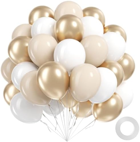 60pcs 12inch Gold and White Balloons with Sand White Confetti Balloons by Awenztech