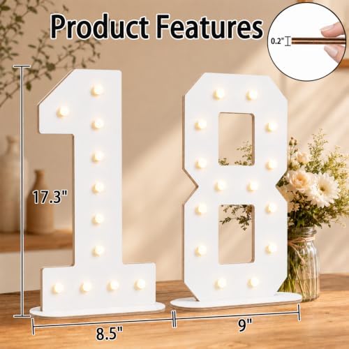 Pooqla 18th Birthday Decorations, 17.3 in White Wooden Light Up Numbers - Image 4