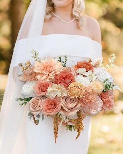 FACINOC Roses Artificial Flowers Orange Fake Flower with Stems for DIY Wedding Bouquets Bridal Baby Shower Centerpiece Table Decorations Silk Faux Floral Arrangements for Party Home Decor Indoor Peach - Image 2