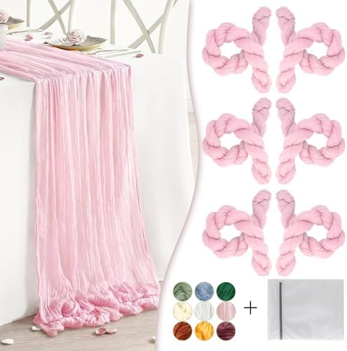 Pink Cheesecloth Table Runner 6 Pack 35" Boho Gauze Runner 120 inches Long Rustic Sheer Fabric Bulk for Boho Baby Shower Wedding Bridal Birthday Party Table Decorations by Waligoy