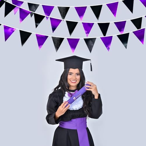 Purple and Black Party Decorations Metallic Fabric Triangle Pennant Banner Flag Bunting Garland for Graduations Birthday Retirement Wedding Baby Shower Bachelorette Halloween Outdoor Party Supplies - Image 4