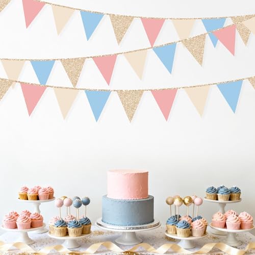 Dusty Rose Pink and Blue Beige Champagne Gold Party Decorations Pennant Banner Flag Hanging Paper Triangle Bunting for Retro Birthday Bridal Shower Wedding Engagement Party Decorations Supplies - Image 7