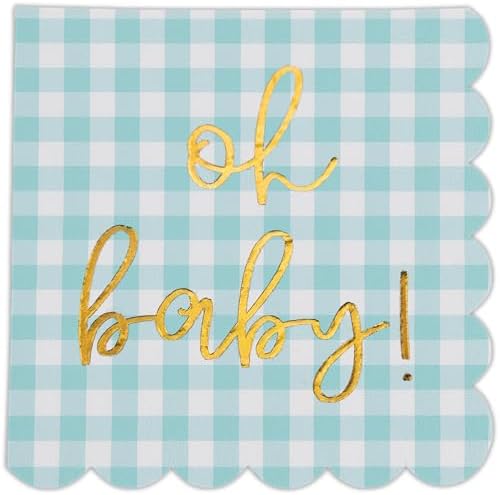Cloverjoyed 'Oh Baby' Blue Baby Shower Decorations for Boys or Girls, Plaid Oh Baby Napkins, Gingham Scalloped It's a Boy Decor, 1st Birthday, Welcome Home, Sprinkles, Neutral Gender Reveal, 50 Pack by Cloverjoyed