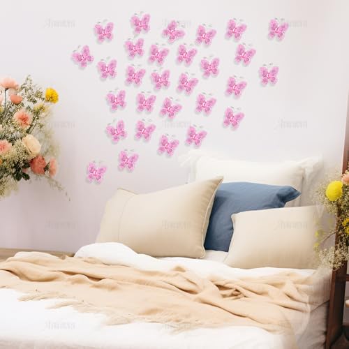 AUEAR, 50 Pack Sheer Mesh Wire Glitter Butterfly with Gem for Home and Wedding Decoration Party Wall Decorations (Pink) - Image 5