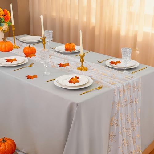 Snowkingdom 10ft Fall Table Runner, Gold Maple Leaves Thanksgiving Table Decorations, White Gauze Chiffon Sheer Cheesecloth Runner for Autumn Harvest Glitter Sparkle Dining Party Decor 120 Inches - Image 3