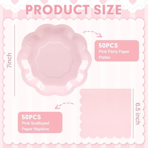 100 PCS Pink Paper Plates and Napkins Set, Tableware Set Include 7 inch Scalloped Pink Paper Plates and Napkins Serves 50 for Baby Shower, Bridal shower，Wedding, Birthday, Mother Day - Image 3