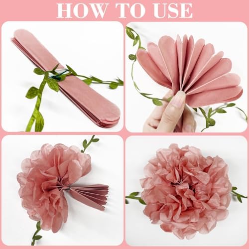 Dusty Pink Party Decorations Rose Gold Dusty Pink Beige Tissue Paper Flowers Pom Pom with Leaf Ribbon Hanging Garland Streamer for Birthday Wedding Shower Bridal Shower Engagement Party Supplies - Image 3