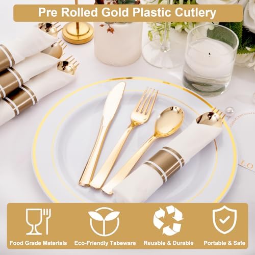 50Pack Pre Rolled Gold Plastic Silverware Set Heavy Duty for Party - Image 3