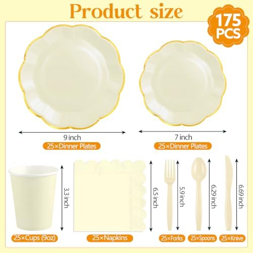 175 Pcs Ivory and Gold Paper Plates and Napkins Tableware set for 25 Guest - Image 3