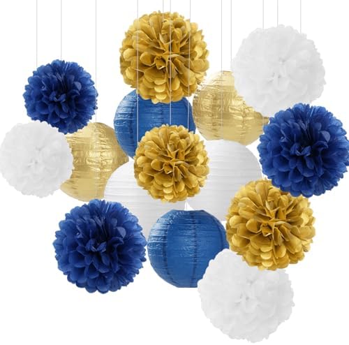 Navy-Blue Gold Party-Decorations Paper-Flowers Lanterns - 15PCS Royal White Baby Bridal Shower Tissue Pom Poms Streamers, Bachelorette Birthday Wedding Graduation Hanging Supplies Decor Hugfond by Hugfond