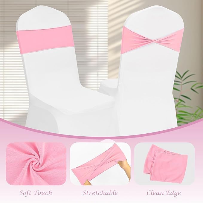 Spandex Pink Chair Sashes Bows 30 Pcs Light Pink Chair Sashes Elastic Chair Cover Bands Ties Without Buckle for Wedding Birthday Party Ceremoney Events Decoration - Image 3