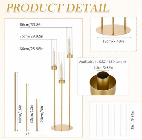 Vincidern 33-Inch Gold 3-Arm Candelabra Centerpiece for Table, 8-Piece Taper Candle Holder Set for Wedding, Party, Event, Christmas Decoration - Image 3