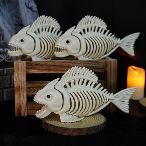 NEROSUN Halloween Fish Skeleton Decorations, 3 Pack 10" Plastic Animal Skeleton with Posable Jaw, Spooky Fish Bones Decor Indoor Outdoor for Party Graveyard Haunted House Prop - Image 2