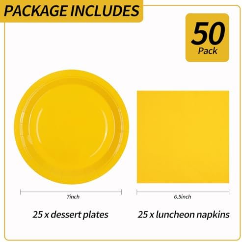 50PCS Yellow Paper Plates and Napkins, 7Inch Solid Yellow Dessert Plates - Image 3