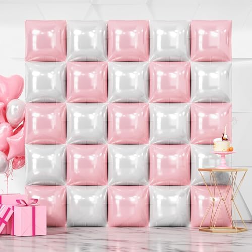 NISOCY 25PCS Pearl Pink and White Square Foil Balloons Wall Backdrop by NISOCY