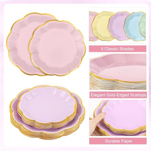 Kochorie 100 Pcs Pastel Scalloped Paper Plates and Napkins - Image 3