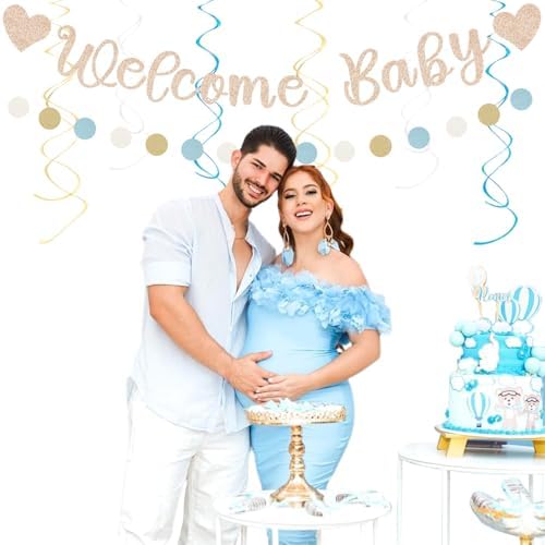 Light-Dusty Blue Boho Baby Shower Party-Decorations - 21pcs Beige Champagne Boy Neutral Welcome Baby Banner Decor,Paper Lanterns Pom Poms Fan Supplies,Streamers Garland Wall Backdrop Favors Huglony - Image 6