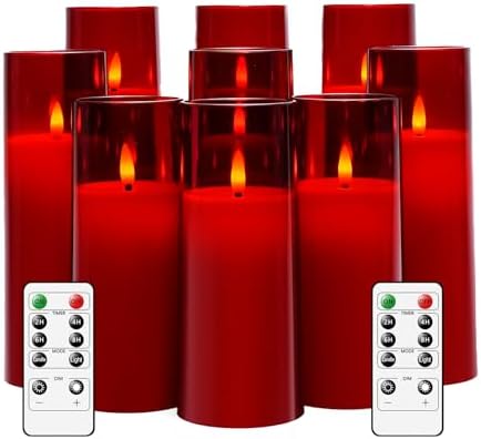 kakoya Flickering Flameless Candles Battery Operated with Remote and 2/4/6/8 H Timer Plexiglass Led Pillar Candles Pack of 9 (D2.3 xH5.5 6.5" 7.5") with Realistic 3D Wick Candles for Home Decor(Red) by FLAMELESSCANDLES