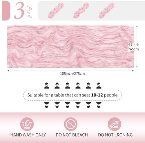 3 Pack Light Pink Cheesecloth Table Runner 17x108 Inch Semi Sheer Boho Gauze Cheese Cloth Fabric Table Runners Table Decor for Wedding Party Baby Shower Birthday Home Decor Garden Farmhouse - Image 2