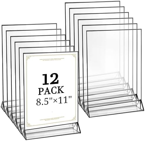 Floroom 12 Pack 8.5x11 Inch Clear Acrylic Sign Holders, Black Border Double-Sided Vertical Picture Frames & Display Stands for Table Numbers, Photos, Menus, Flyers, Weddings, Parties & Events by Floroom