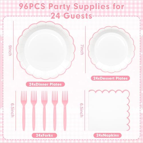 96 Pcs Pink and White Paper Plates and Napkins Set Include 9'' White Dinner Plates with Pink Scalloped Rim, 7'' Dessert Plates, Napkins & Forks for Baby Shower Wedding Bridal Shower Birthday - Image 2