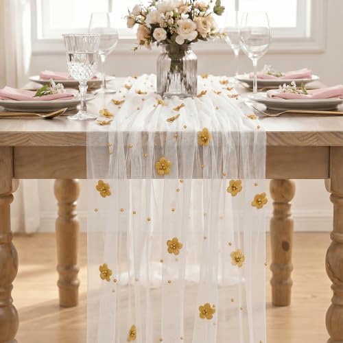 Artoid Mode Yellow Flower Pearl White Gauze Table Runner 10FT 3PC, Seasonal Sheer Dining Holiday Wedding Birthday Baby Shower Table Decor for Home Party - Image 2