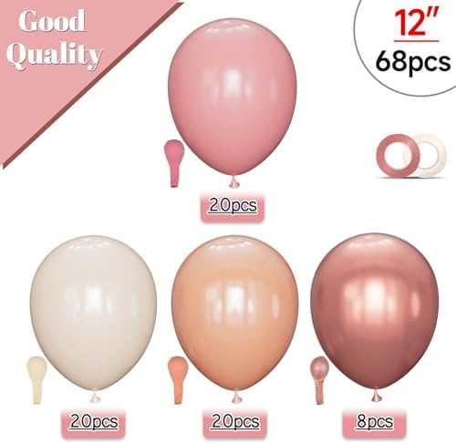 68 Pcs Retro Pink Nude Party Balloons 12Inch Dusty Pink Metallic Rose Gold Balloon Beige Blush Latex Ballons for Girls Birthday Wedding Baby Shower Party Decorations. - Image 2
