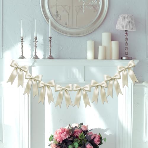 1 String of 8PCS Ivory White Bow Garland Banner Decoration,Pre-Strung Satin Ribbon Ornaments for Birthday,Bachelorette Party,Bridal Shower,Wedding,Engagement,Baby Shower,Graduation Decor,Anniversary - Image 6