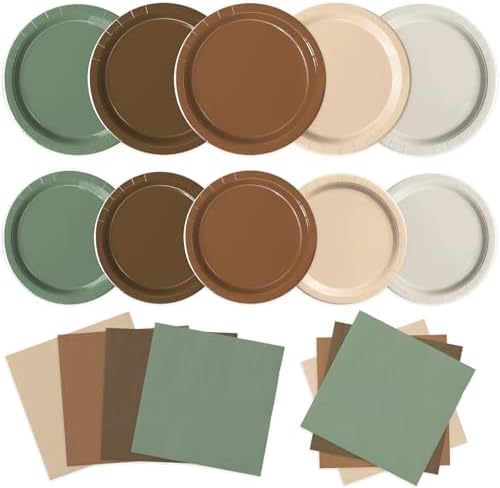 Oigco Woodland Baby Shower Decorations - 60 PCS Brown Sage Green Neutral Forest Animal Brown Plates and Napkins for Safari Jungle Baby Shower Decorations by Oigco