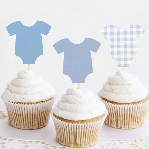 Blue Gingham Baby Shower Bodysuit Cupcake Topper,Blue Gingham Cake Topper - Image 4