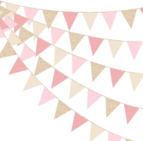 Champagne Gold Dusty Rose Pink Beige Party Pennant Banner Flag Hanging Glitter Paper Triangle Bunting for Women Girls Birthday Wedding Bridal Shower Holiday Party Decorations Supplies by pinkblume
