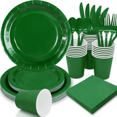 Green Paper Plates Party Supplies,168pcs Green Plates and Napkins Party Supplies Disposable Dinnerware Sets for St. Patrick's Mardi Gras Birthday Decorations Serve 24 by Gudvilla