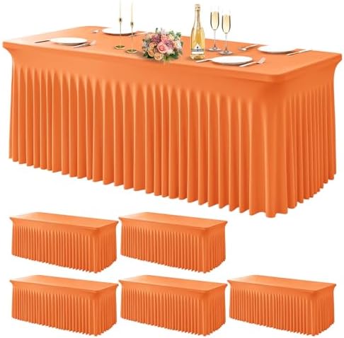 Wish Care 6 Pack Orange Spandex Table Clothes for 8 Foot Rectangle Tables, 8FT Wrinkle Free Fitted Tablecloths Ruffles Design Table Cover for Party, Banquet, Wedding and Events by WishCare