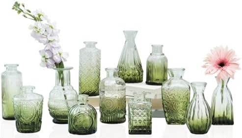 Bud Vases Set of 12,Glass Bud Vases in Bulk,Small Flower Vases for Centerpieces,Mini Vintage Vase for Wedding, Home Table Decor,Christmas,Party Decoration,Green by Paudao