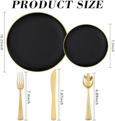 YOUBET 125PCS Black Plastic Plates with Gold Rim for Halloween - Image 2
