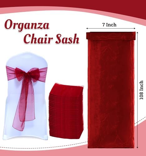 MDS Pack of 75 Organza Chair Sashes for Wedding & Event Décor – Maroon - Image 3