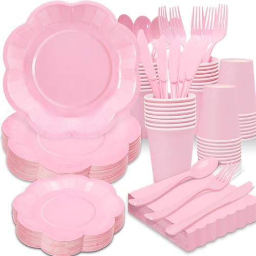 350PCS Light Pink Paper Plates and Napkins Set with Utensils Serve 50 Guests,Pink Party Decorations for Baby Shower Graduation Valentines Day Party Supplies by Gudvilla