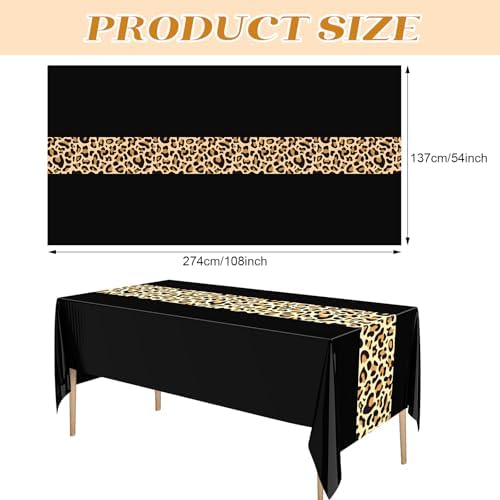 Buryeah 3 Pcs 54 x 108'' Plastic Disposable Leopard Tablecloth, Black - Image 3